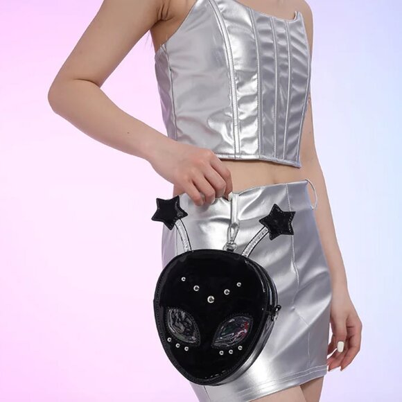 Alien Theme Glossy Crossbody Bag Black - Picture 3 of 8